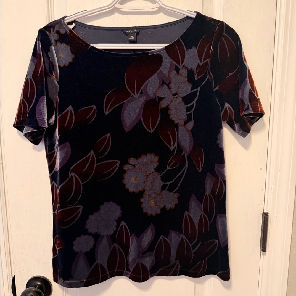 Ann Taylor Velvet Floral Short Sleeve Top - Black and Purple